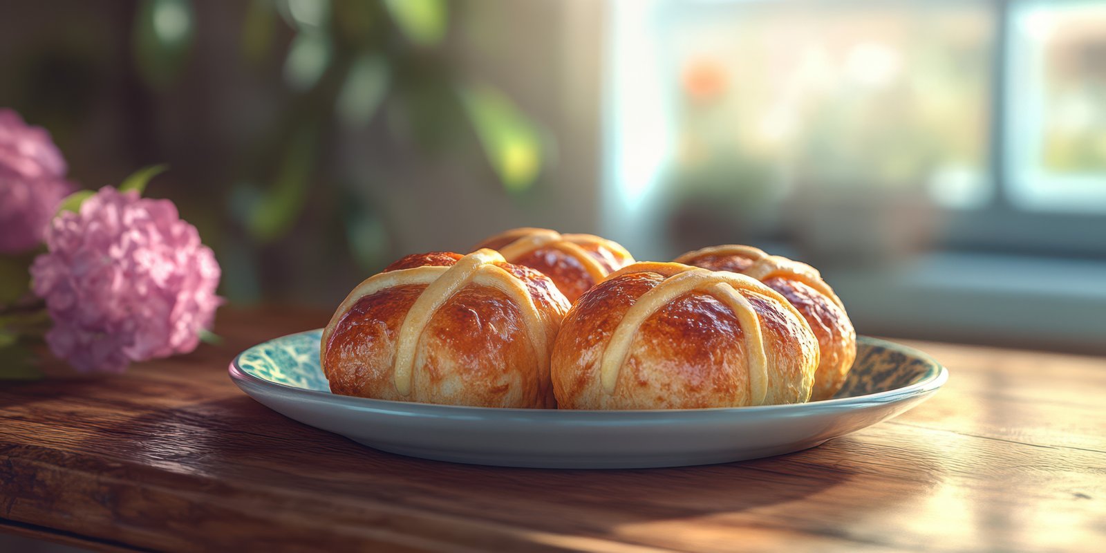 Freshly baked hot cross buns on a decorative plate by a sunny window with flowers in a cozy kitchen